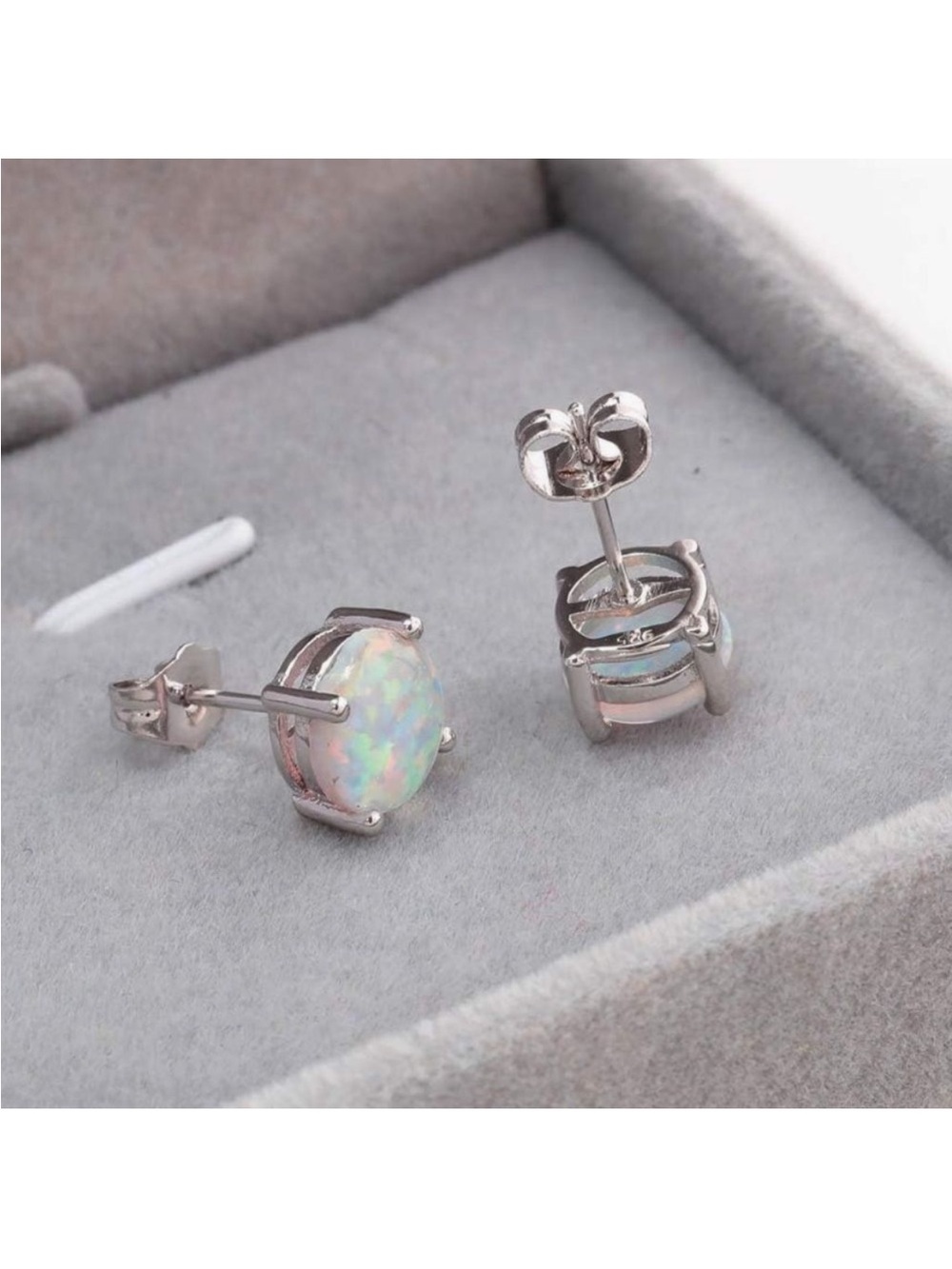 NEW 18K Gold Plated Stainless Steel Post Elegant Silver Opal Stud Earrings